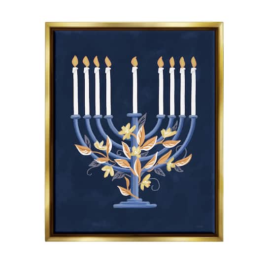 Stupell Industries Traditional Floral Hanukkah Menorah Framed Floater Canvas Wall Art